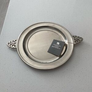 Authentic Sted Britannia Pewter Plate with Decorative Handles - Silver Tone